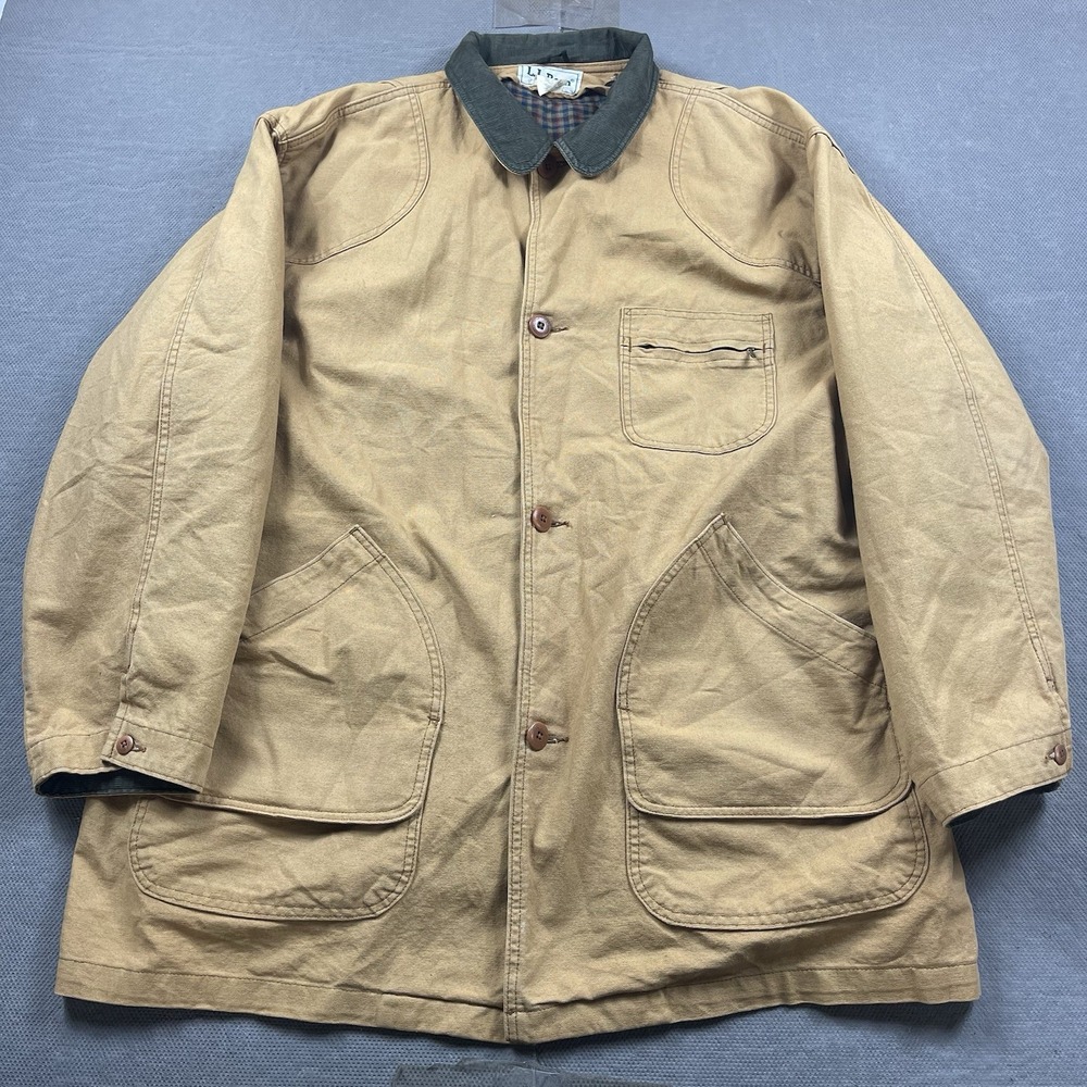 LL Bean Jacket Mens XLT Brown Canvas Cotton Chore Coat Flannel Plaid Lined USA